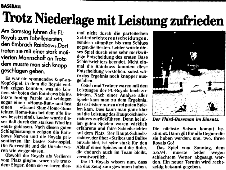 FL Royals Baseball Auswärtsspiel bei den Embrach Rainbows (07. Juni 1994)