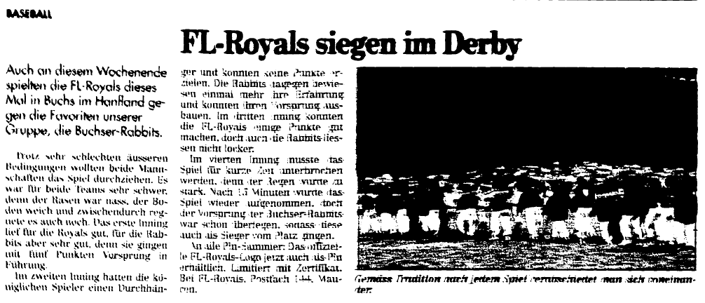 FL Royals siegen im Baseball Derby gegen die Buchser Rabbits (3. Mai 1994)