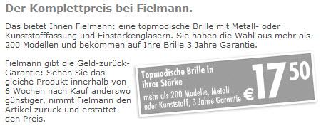 Fielmann Preise: Beispiel Komplettbrille EUR 19