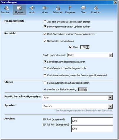 SIP Open Source Jitsi: Account settings general